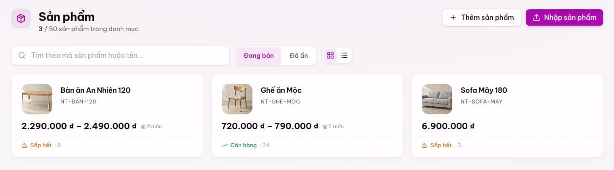 The furniture product catalog managed in the Quotely application.
