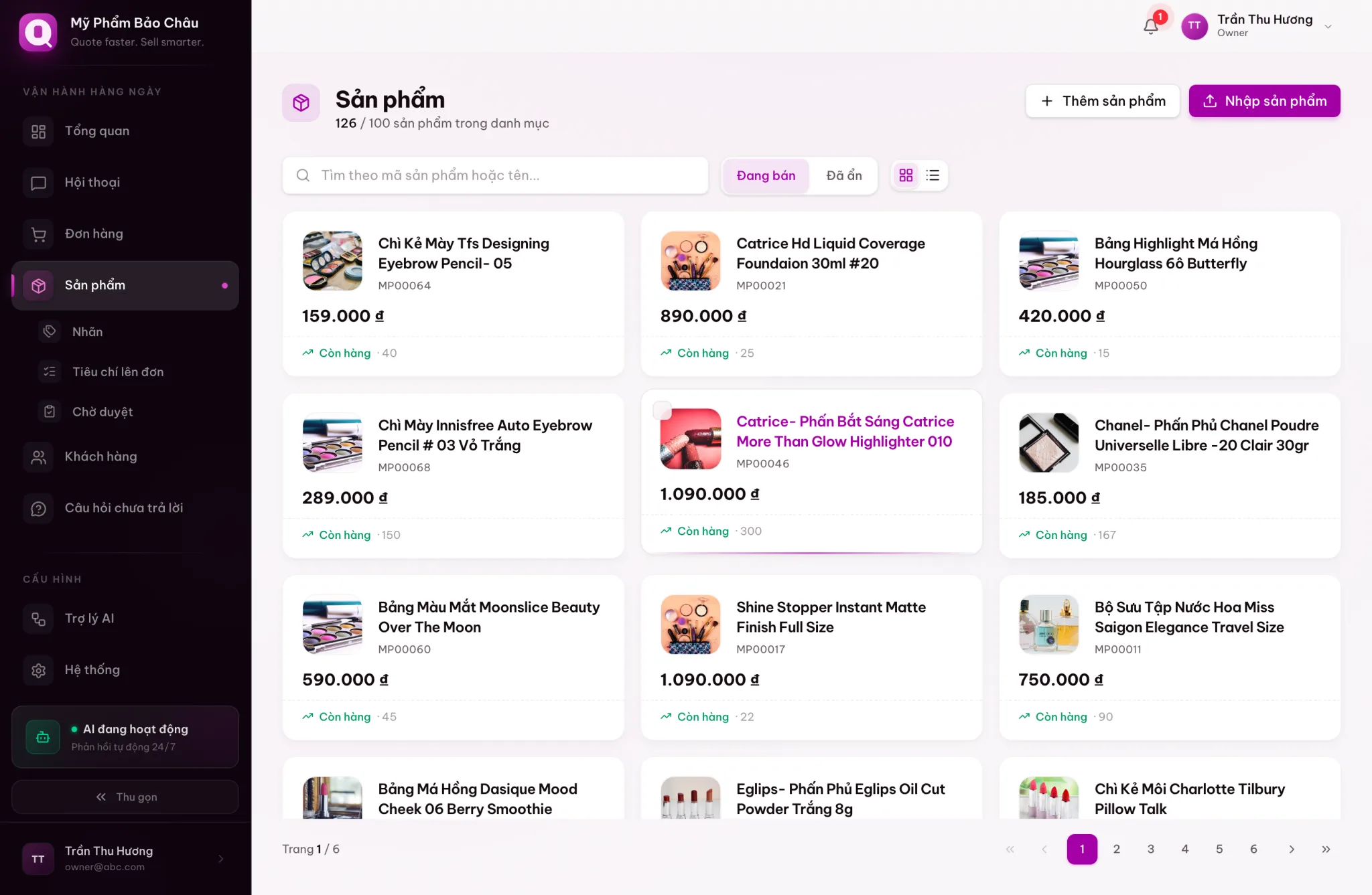A real product catalog of a cosmetics store on Quotely